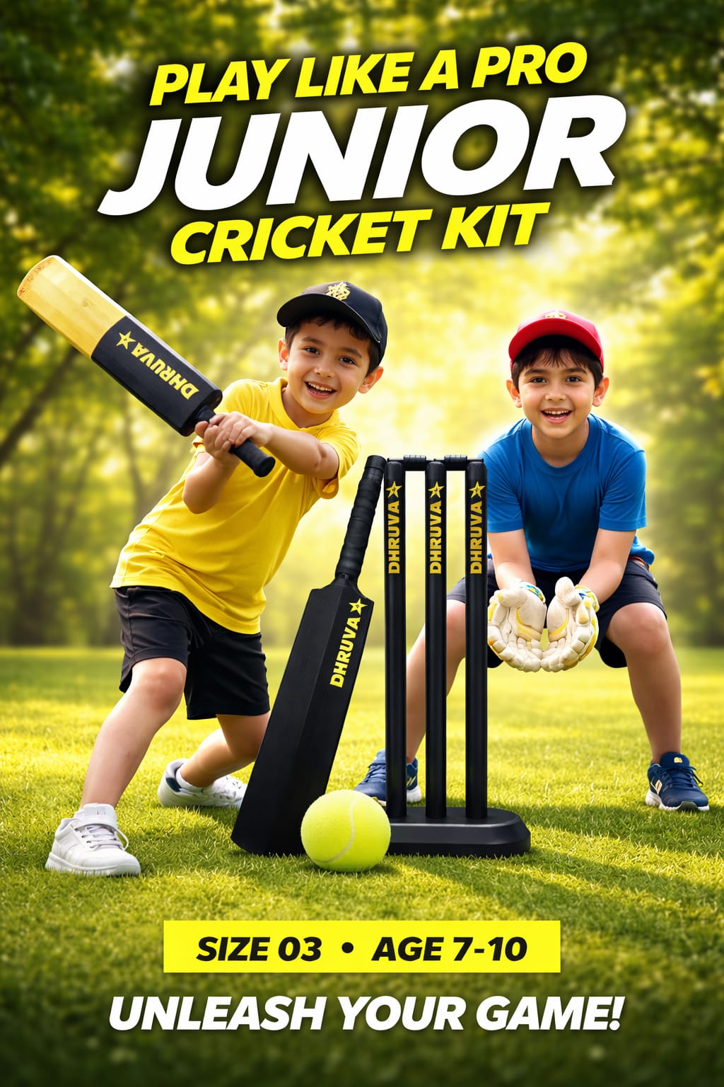 Kids Cricket Kit Set with Bat Ball & Wickets | Age 6–10 | Lightweight Plastic